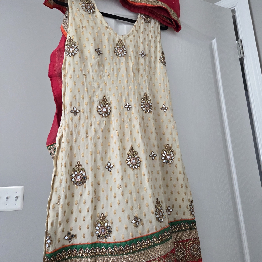 Embroidered Cream and Red Traditional Dress